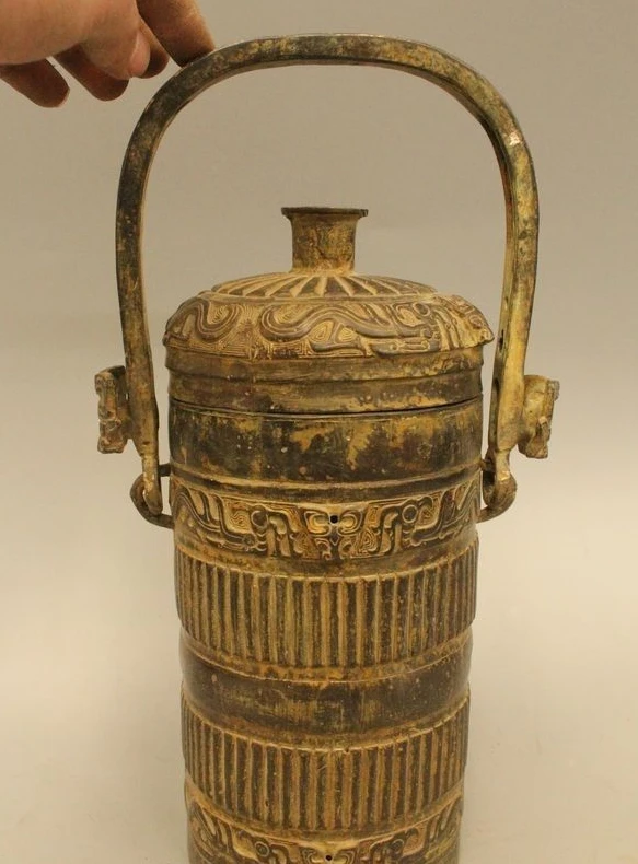 

12"Ancient Chinese Dynasty Palace Bronze Beast Pot Zun Bottle Vase Box Statue