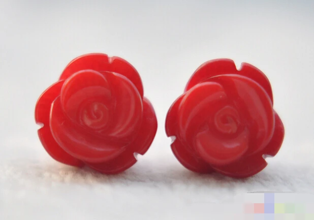 

hot sell new - free shipping 12770 Hand Carved red coral rose stud earring