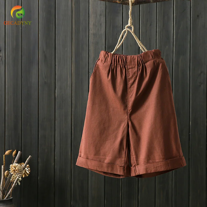 Summer Shorts Women Cotton Linen Shorts Trousers Feminino Women's Elastic Wasit Home Loose Casual Shorts With Pockets