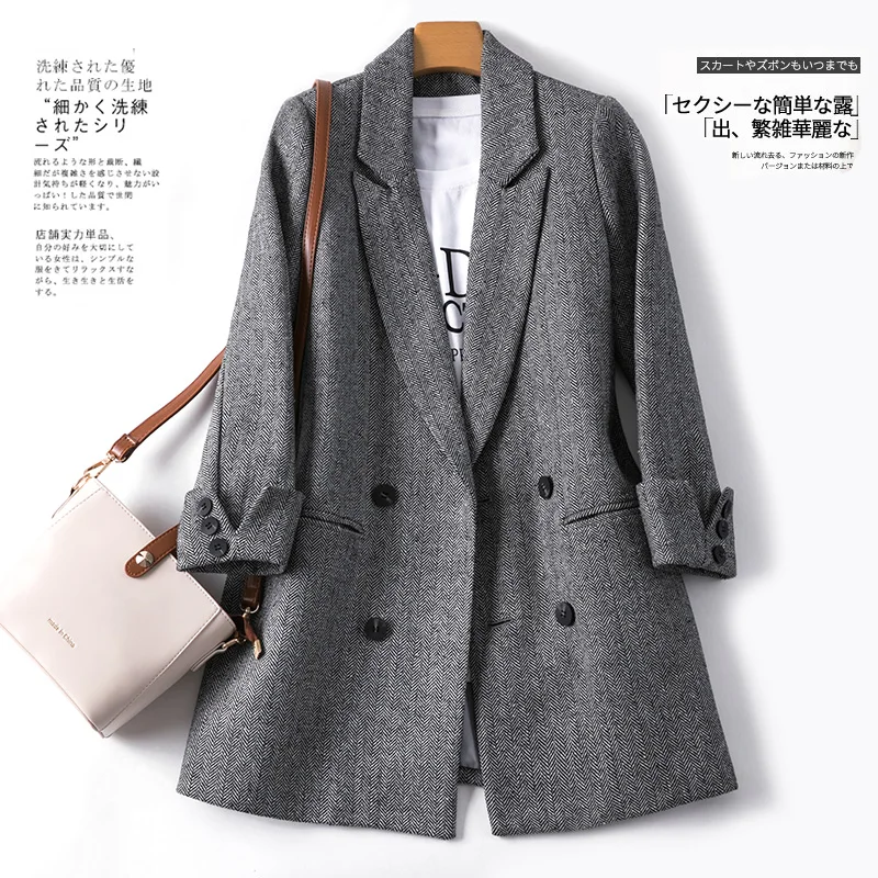 Shuchan Autumn Winter 2019 New Items Women's Jacket Blazer Feminino Double Breasted Pockets Casaco Feminino Long Jackets Women