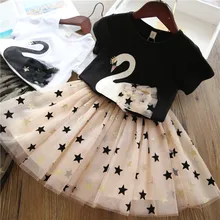 Комплекты одежды для девочек г. Летний топ Фламинго со звездами для девочек+ платье с блестящими звездами комплект из 2 предметов, одежда для детей, платья