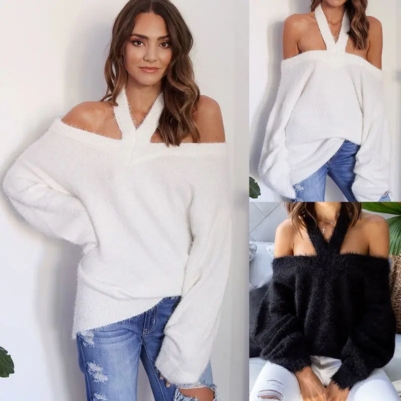 Sexy Women's Warm Halter Off Shoulder Fluffy Oversized Sweater Jumper Long Sleeve Autumn Winter Club Party Pullovers Tops | Женская