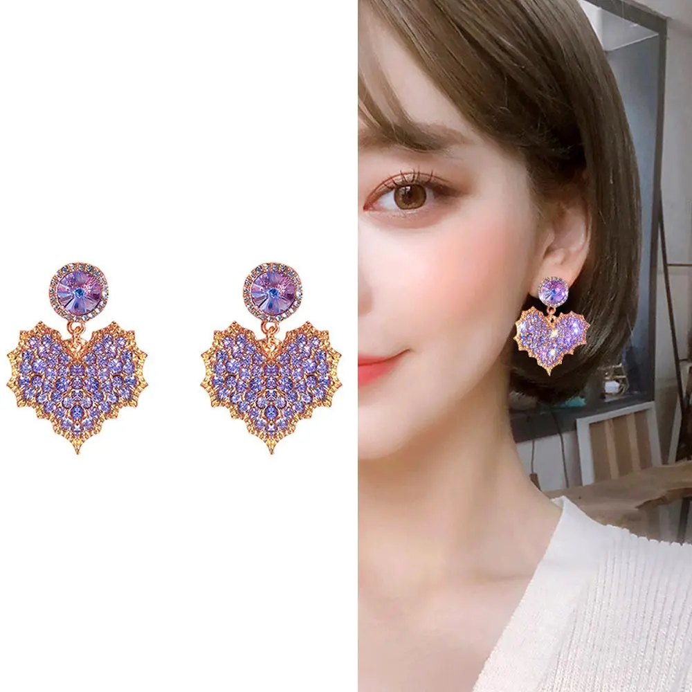 

Temperament Women Silver Needle Maple Leave Stud Earring Romantic Purple Love Heart Earring