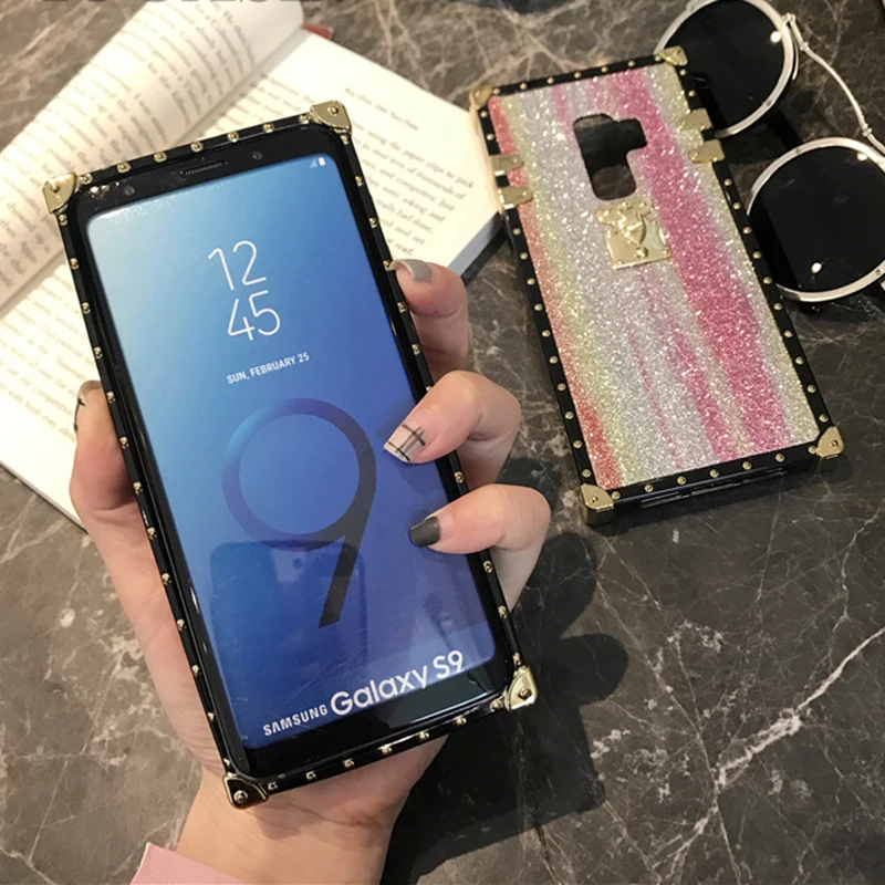 YHBBCASES модные сухие блестки Радужный чехол для samsung Galaxy S10 S8 S9 Plus золотая заклепка квадратная коробка для samsung Note 10 8 9