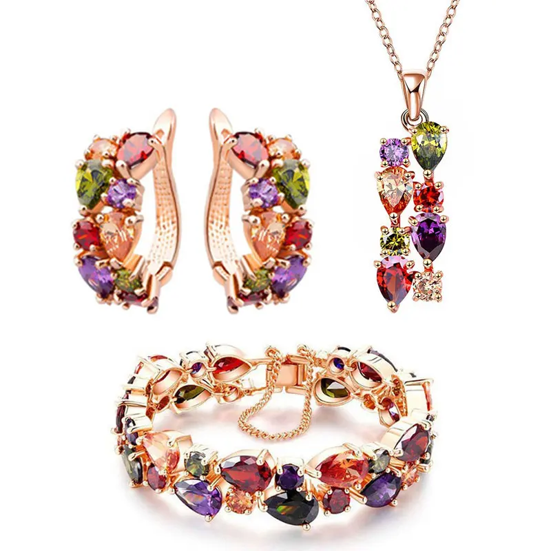 Luxury Rose Gold color Mona Lisa Jewelry Sets with Colorful Zircon Necklace/Earrings/Bracelet