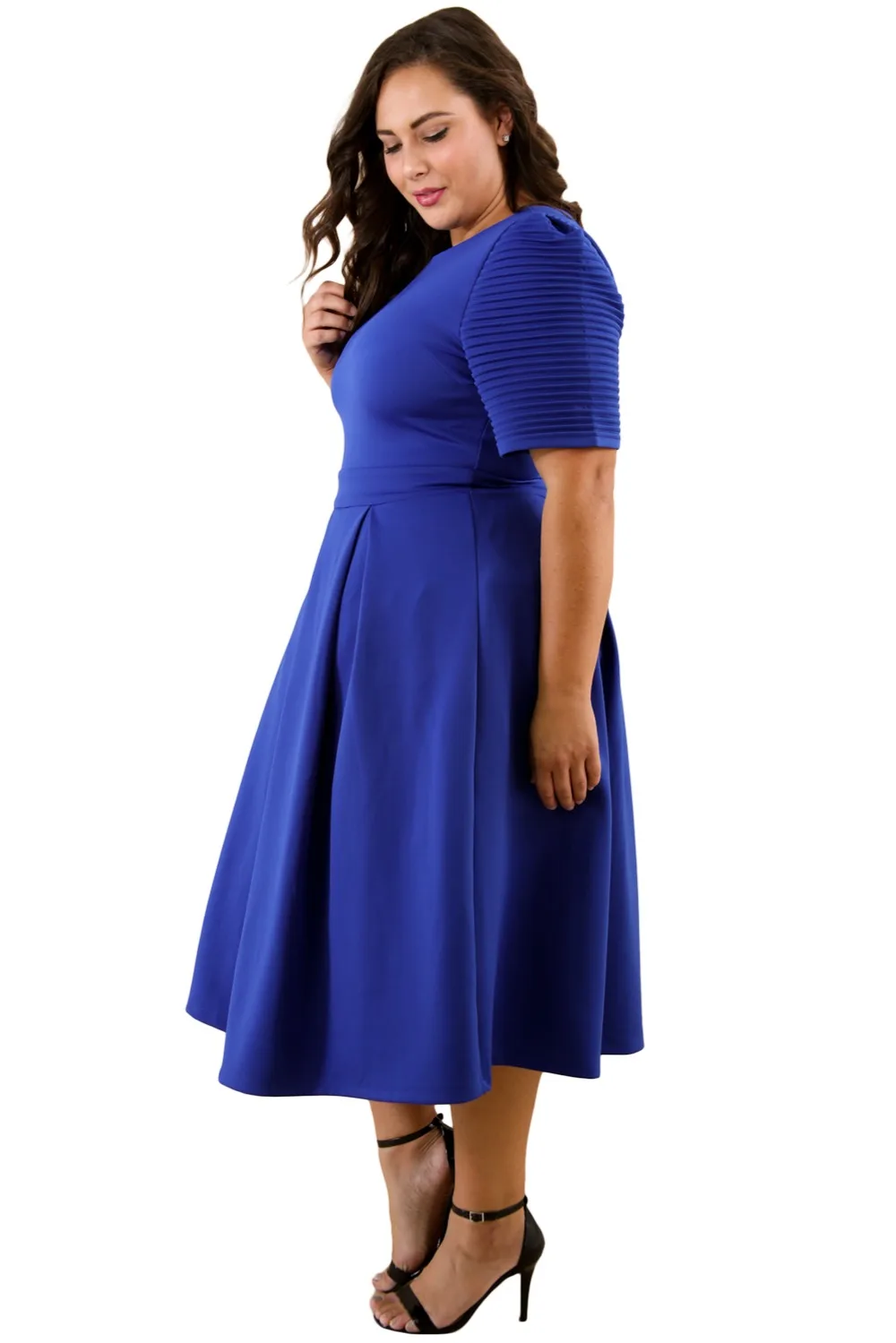 Blue-Plus-Size-Pleat-Flare-Dress-LC61843-5-3