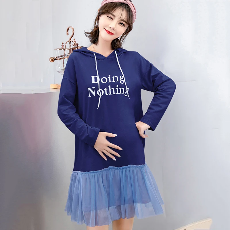 

BONJEAN New Autumn And Winter Maternity Dress Loose Large Size Letter Print With Hood Sweater Mesh Dress For Pregnant Women