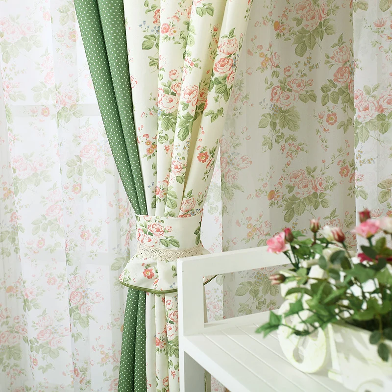 Tratamiento de ventana de tul de tela para dormitorio/sala de estar con cortinas decorativas de color de empalme de flores de estilo coreano