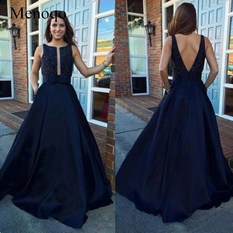 2019 Modest Simple Long Prom Dress Crystal Beaded Backless Evening Dress Formal Satin Party Gowns Custom (1)_副本
