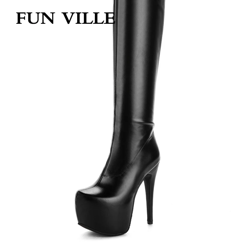 

FUN VILLE 2018 New Arrival women's over the knee boots High Heels Boots PU High Boots Sexy Ladies Round Toe Platform shoes