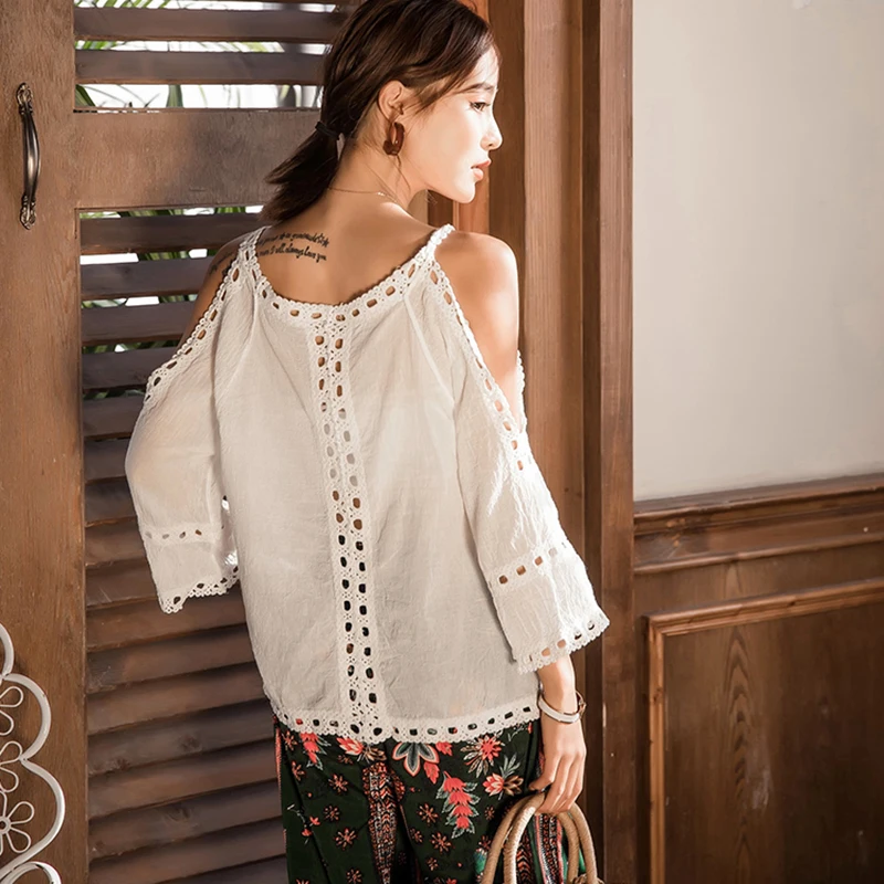 Блузка женская белая кружевная с вырезом открытыми плечами 2019|off shoulder top|shoulder off