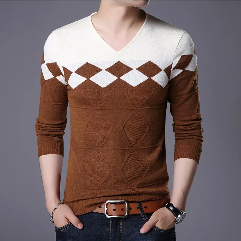 Новинка, Осенний повседневный мужской свитер с v-образным вырезом, приталенный геометрический рисунок, мужские свитера, хлопковые пуловеры для мужчин, разборчивый - Цвет: brown