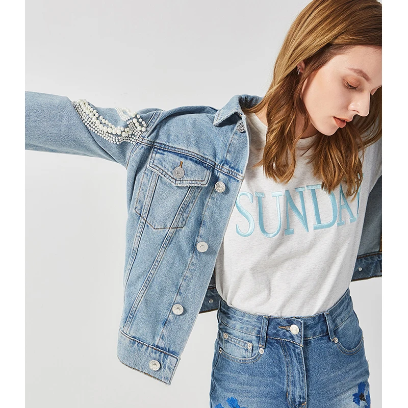 Street Cotton Nailed Pearl Jeans Jacket Loose Leisure Pearl Embroidered Coat Long Sleeve Short women Tops Trend Fashionable New 