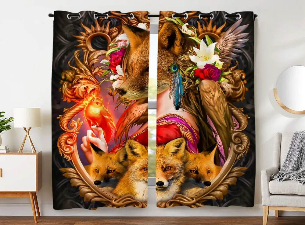 

HommomH Curtains (2 Panel) Grommet Top Darkening Blackout Room Fox Wolf Dream Totem Yellow