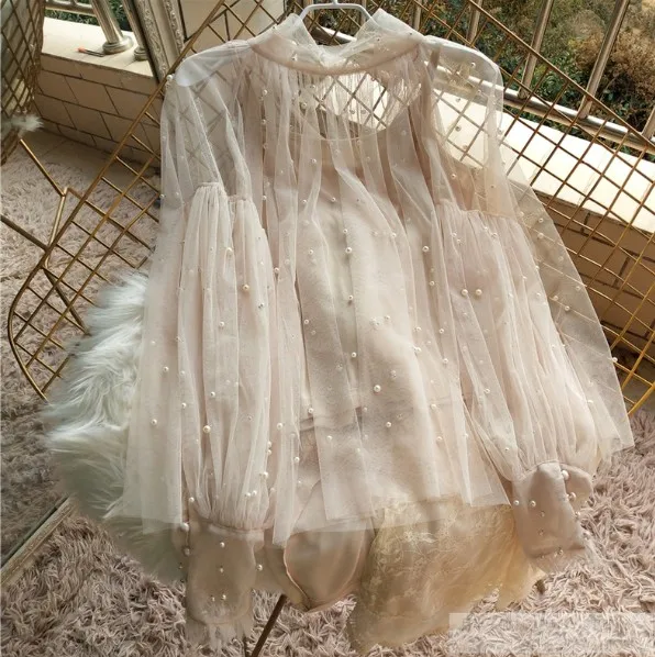 Y Blusa Perspectiva Manga Otoño Primavera Beige Boutique Las Piezas Tops De Mujeres Gasa 2019 rosado Camisa Dos Perlas Burbuja Señoras a6Sw5xq6