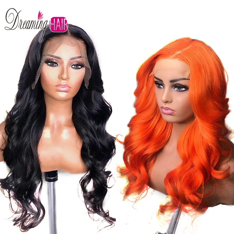 Body Wave Ombre Orange Color long deep part 13x6 Front lace wig Remy Hair Brazilian Human Hair Wigs With Baby Hai