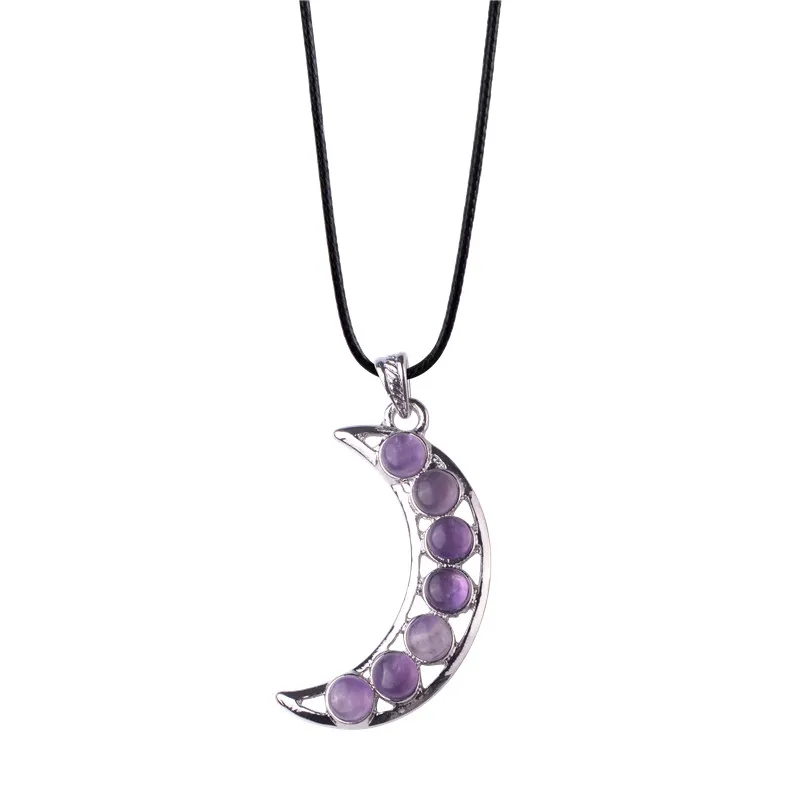 2016 Moon Crescent Amethyst Pendant Necklaces Silver Plated Turquoise Howlite  Rose Quartz Natural stoneNecklace Collars Jewelry