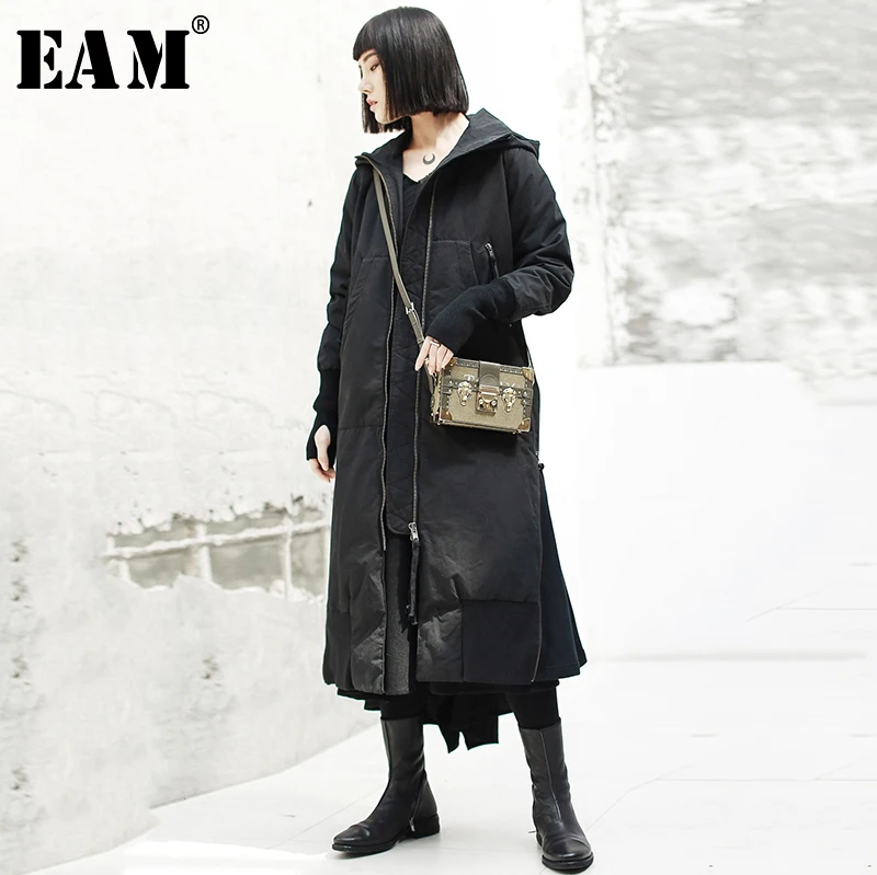 

[EAM] 2020 New Spring Hooded Long Sleeve Black Loose Long Hem Vent Cotton-padded Coat Women Parkas Fashion Tide JK131