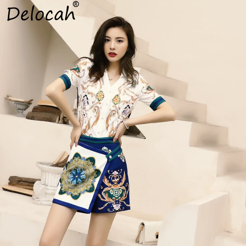 

Delocah Women Summer Vintage Suits Runway Fashion Short Sleeve V Neck Beading Shirt+Asymmetrical Print Short Skirt 2 Pieces Set