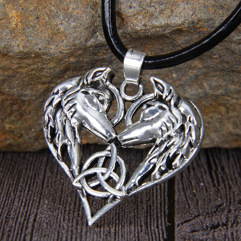 

Double Wolf Head Heart Viking Necklace Pendant Indian Jewelry Fashion Accessories Antique Silver Plated Leather Rope Men Women