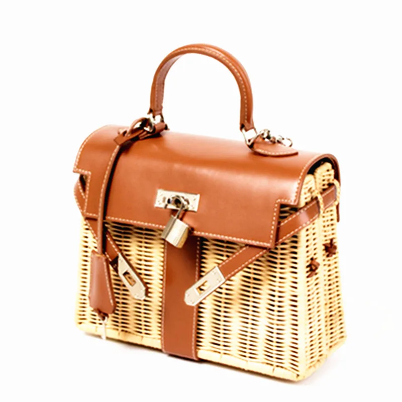 

Luxury Brand Genuine Leather Handbags Rattan Bag Straw Bag Holiday Beach Bag Hand-woven Big Square Bag High-grade Designer Bolsa