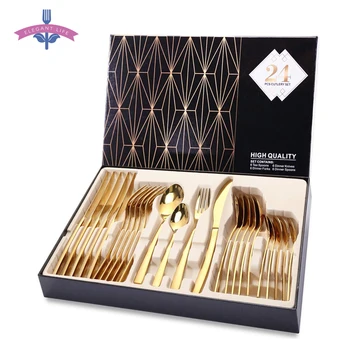 

24PCS Tableware Gold Cutlery Set Dishes Dinnerware Set Knives Forks Spoons Western Kitchen 18/10 Stainless Steel Dinner Dropship
