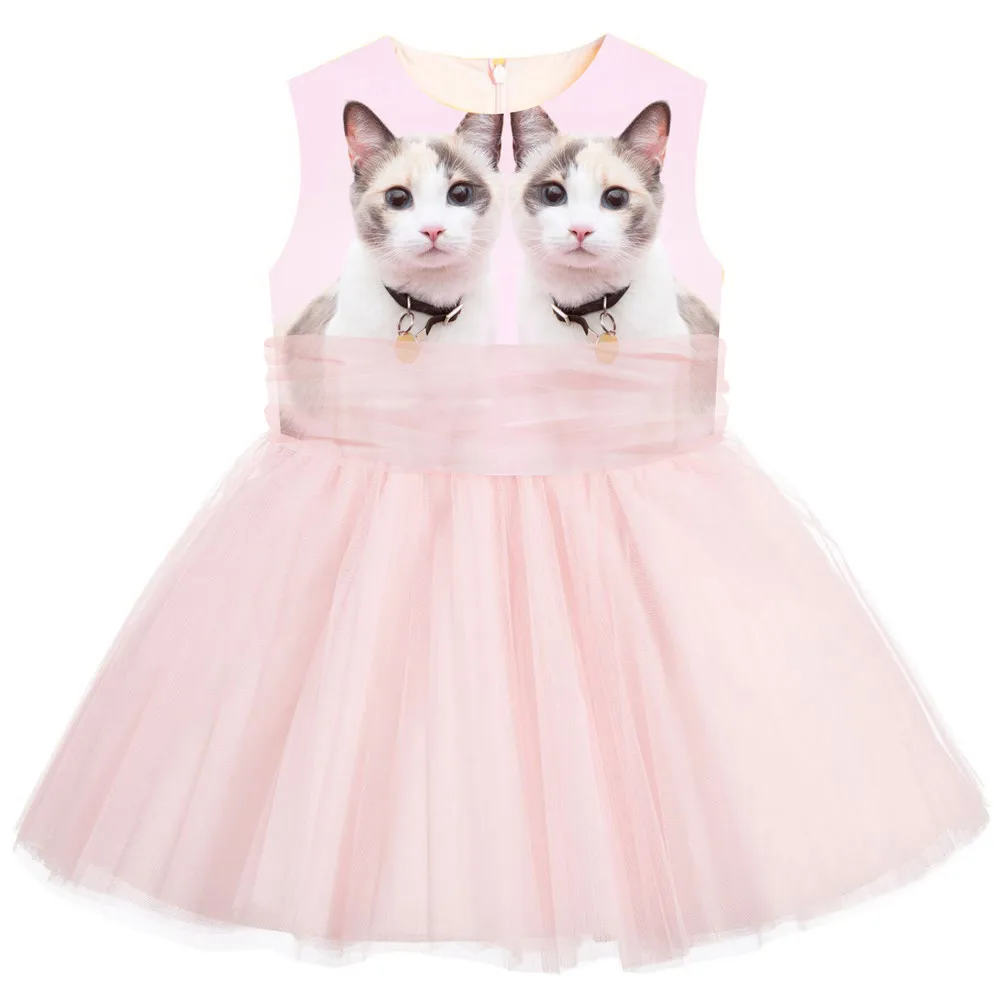Europe 2018 new summer girls dress animal cat print girl ball gown