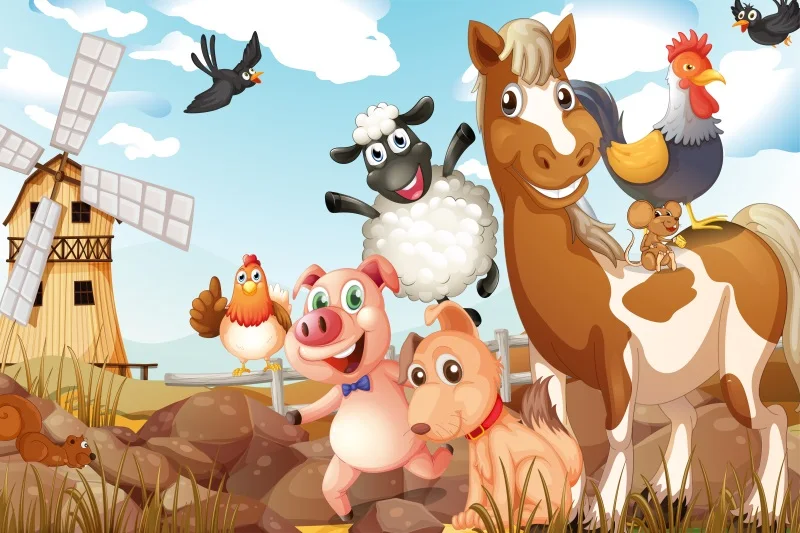 Laeacco Safari фоны на день рождения ферма животные Вечеринка ветряная мельница трава