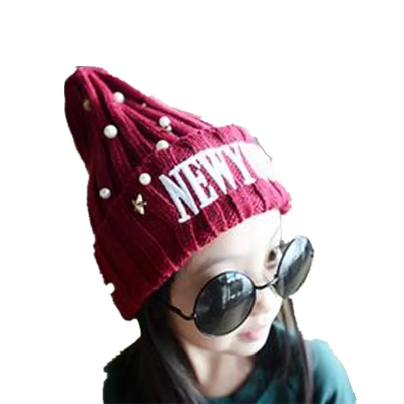 Новая детская шерстяная шапка с перламутровыми бусинами в нью-йоркском стиле шапка с буквами вязаные круглые шапки без полей для маленьких девочек теплые зимние шапки для мальчиков и девочек головные уборы