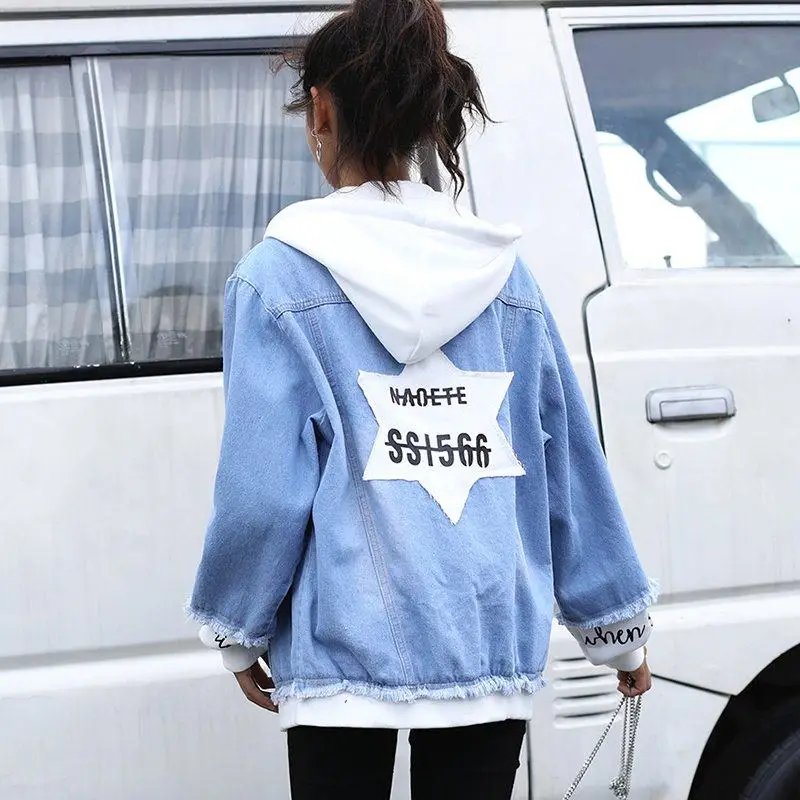 Джинсовая куртка женская 2019 весна осень колледж Ветер свободные с капюшоном