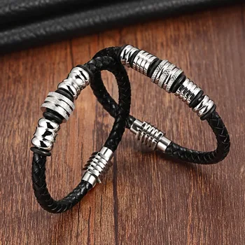 

XQNI 6mm Wide Trendy Men Black Leather Bracelet 316L Stainless steel Geometric Pattern Bracelets with Strong Magnet Clasp