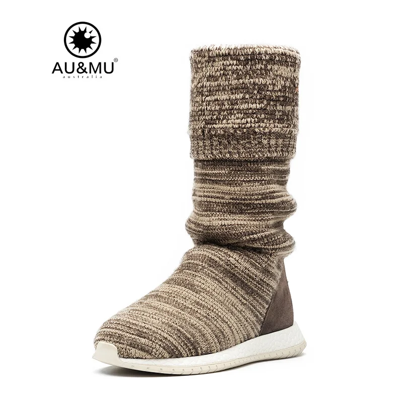 

2018 AUMU Australia Suede Kniting Slip-on Thick Platform Round Toe Rubber Soles Snow Winter Boots N729