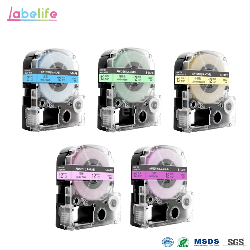

Labelife 5Pcs 12mm Pale Colo AW12PH AW12YH AW12GH AW12BH AW12VH Compatible for Epson/Kingjim Label Printer LW-400
