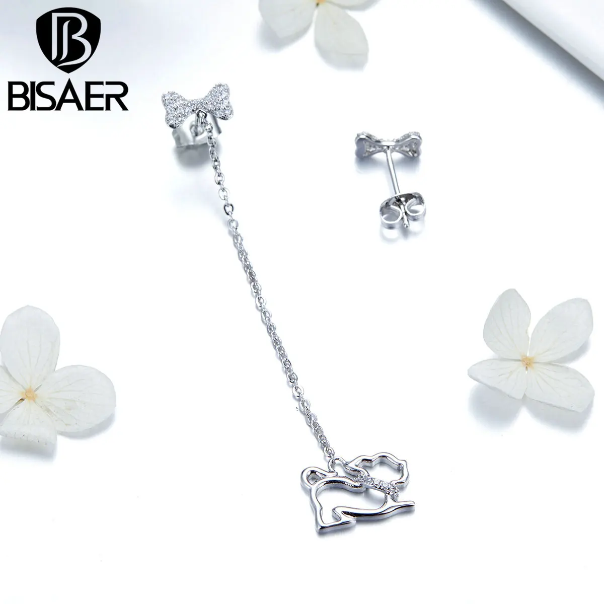 

BISAER Hot Sale Crystal Cute Dog French Bulldog Love Zircon Bone Long Chain Stud Earrings Women Silver Color Jewelry WEYE182