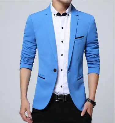 Новинка, осенняя мода, приталенный однобортный однотонный блейзер для мужчин, деловой стиль, пиджак, мужская повседневная одежда - Цвет: Небесно-голубой