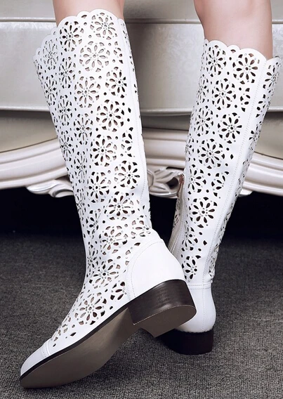 Женские сандалии до колена из натуральной кожи с вырезами на молнии женские летние ботфорты на толстом среднем каблуке размеры 35–39 SXQ0511