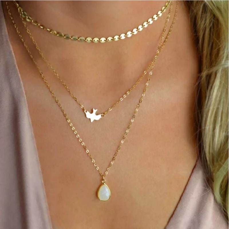 

Fashion Bohemian Peace Pigeon Water Drop Pendant Necklace Multi-Layer Chain Chocker Necklace Jewelry Summer Wear Best Gifts