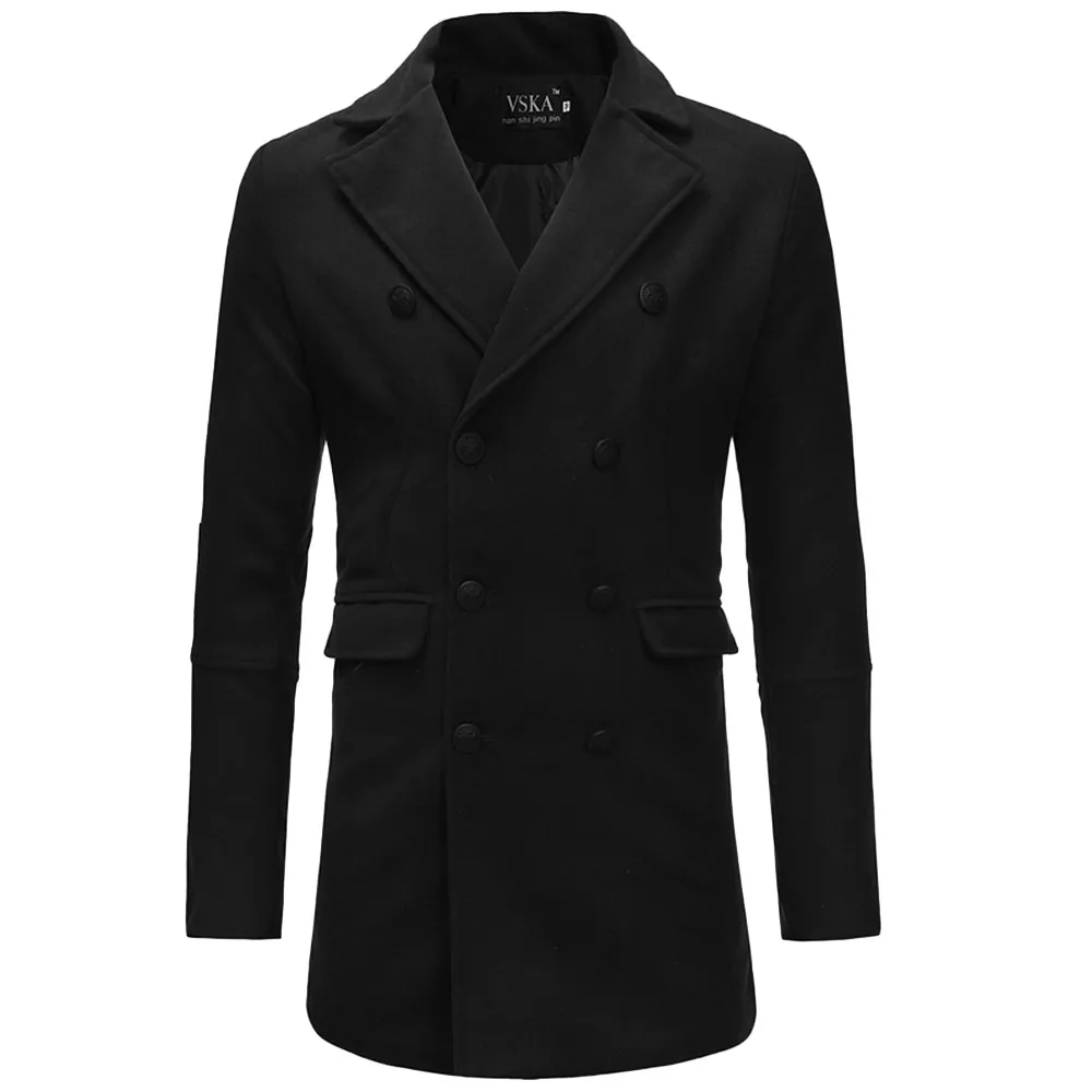 new 3 Color Men Autumn Winter Warm Slim Long Jacket Long Sleeve Overcoat Outwear Trench Two Rows Of Buttons Coat - Цвет: Черный