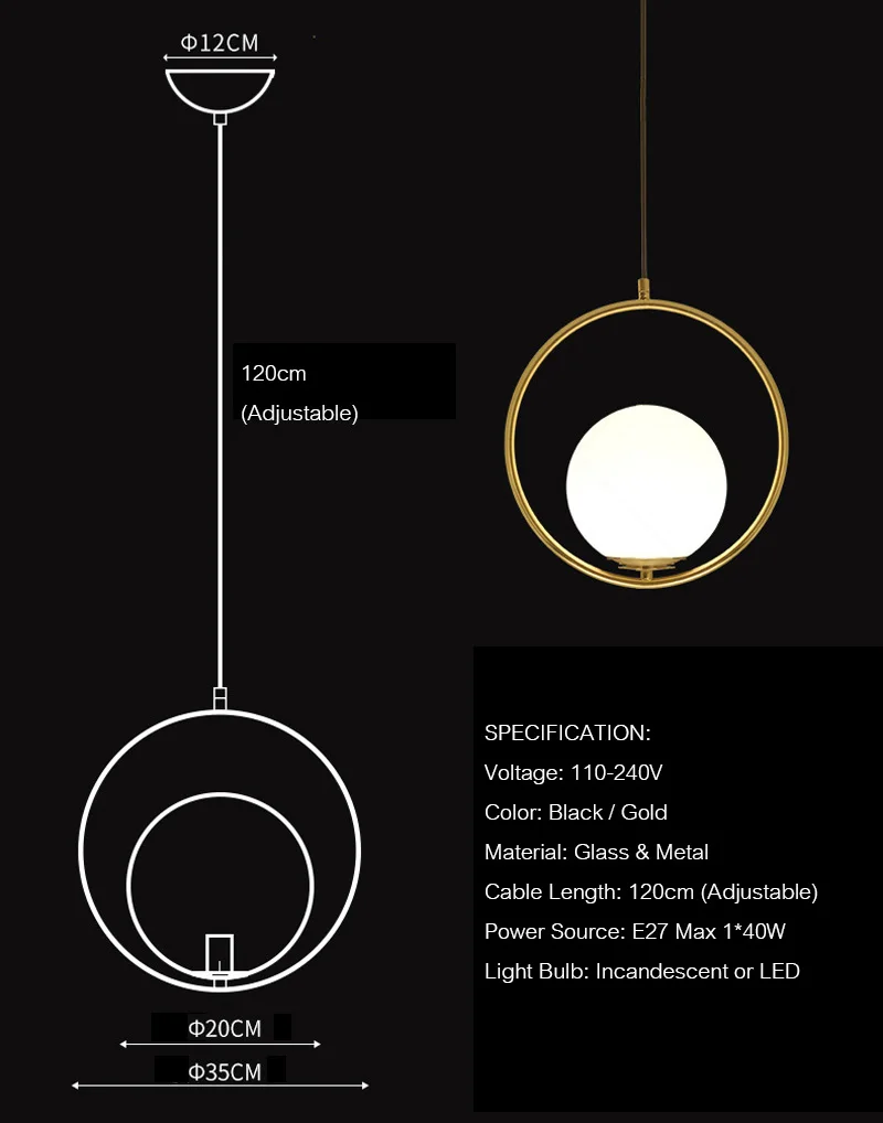 Nordic Simple Circled Glass Ball Pendant Lights LED E27 Loft Modern Hanging Lamp for Parlor Dining Room Bedroom Bar Restaurant (2)