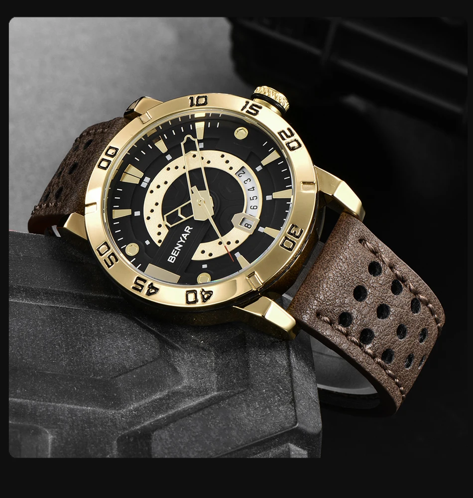 Benyar Роскошные брендовые кварцевые мужские часы водонепроницаемые военные кожаные мужские часы Erkek Kol Saati Relogio