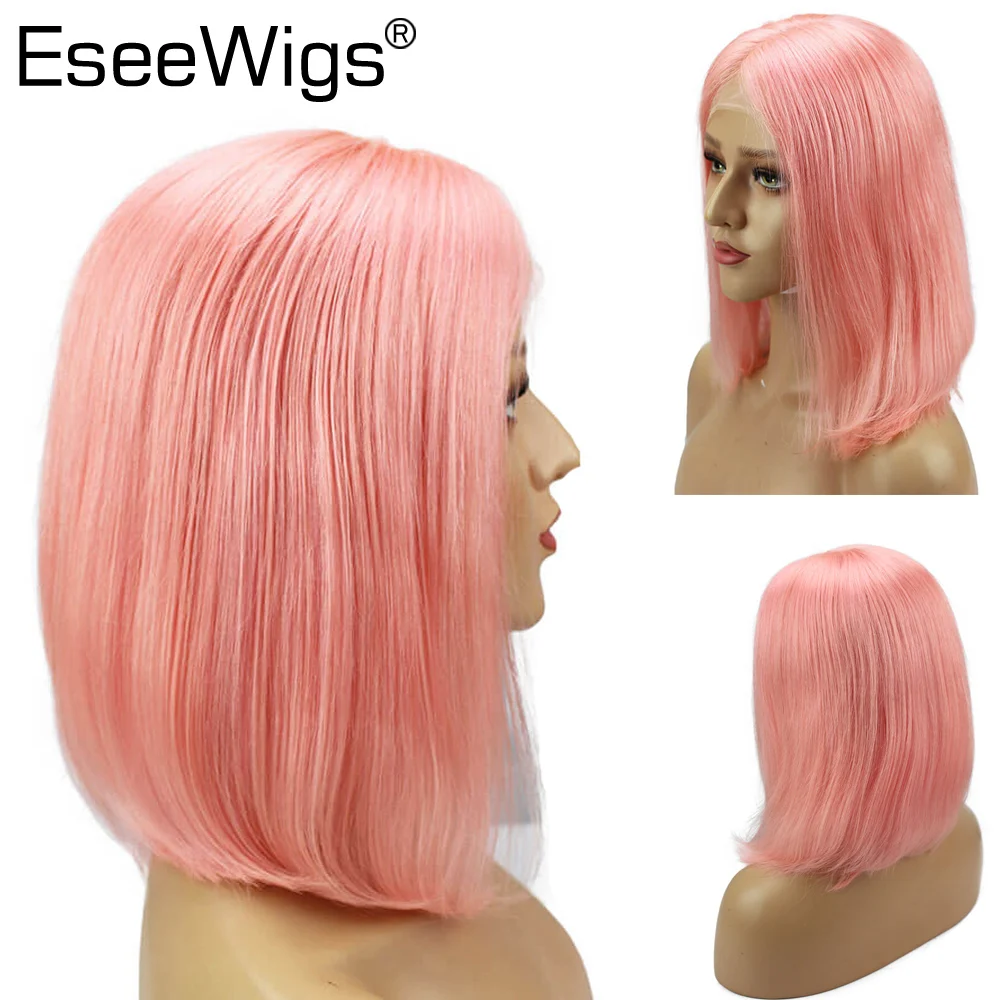 Eseewigs Боб синтетические волосы на кружеве Искусственные парики светло-розовый прямые человеческие волосы кружево парик 150 плотность