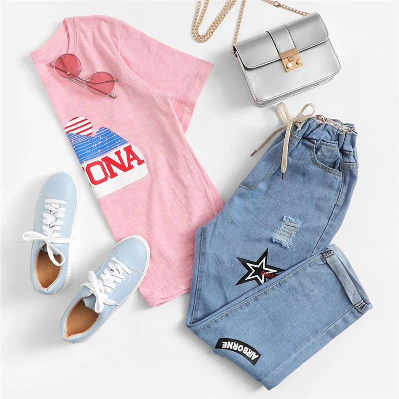 ripped cuffed offset printing jeans