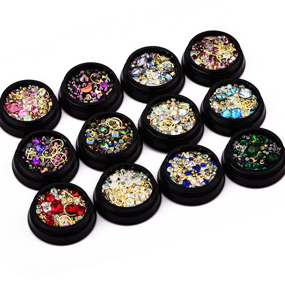 

1 Box Manicure 3D Nail Art Decoration Mixed Colorful Acrylic Rhinestones Alloy Metal Frame DIY Nails Decor
