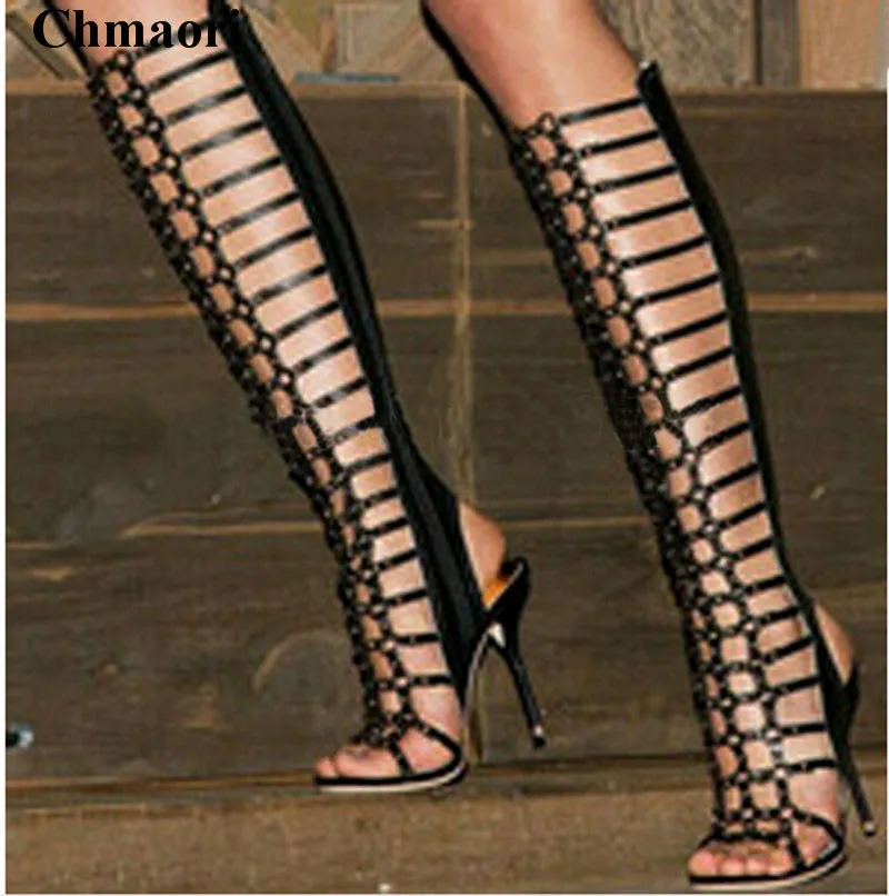 

Rome Style Open Toe Strap Cross Spike Knee High Thin Heel Gladiator Boots Cut-out Zipper-up Long High Heel Sandal Boots