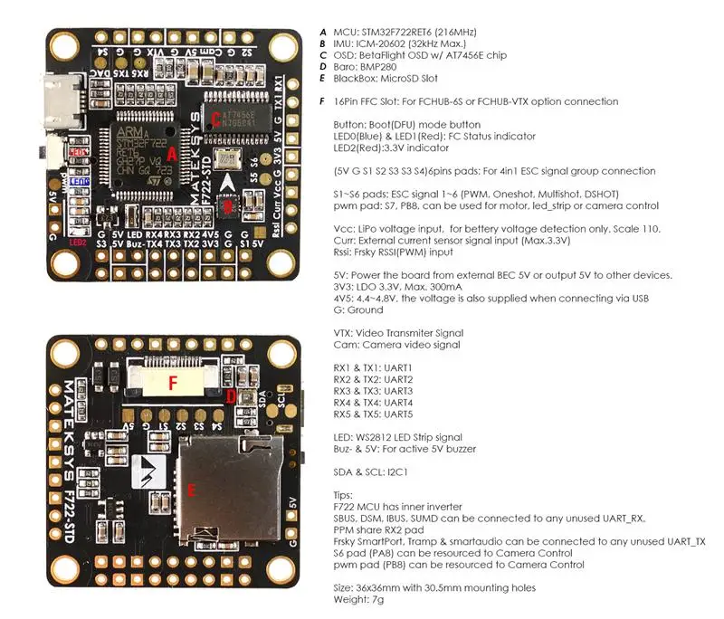 Контроллер полета matek System F722 STD STM32F722 встроенный барометр OSD BMP280 для