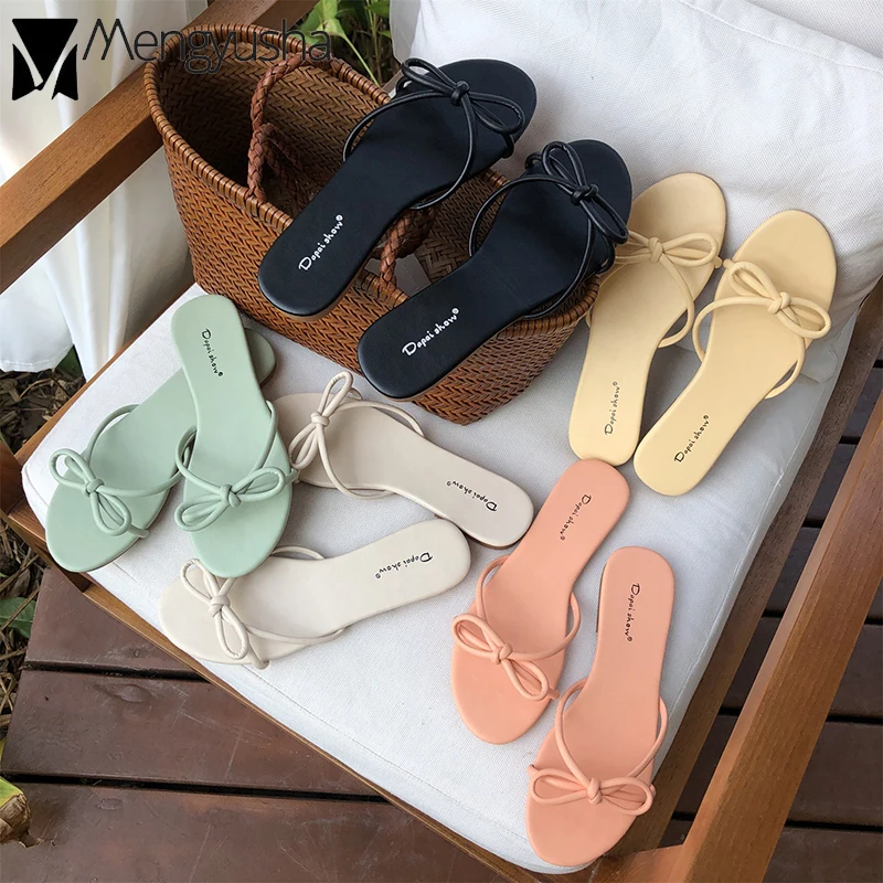 

Simple Candy pure bowtie slides girls flipflops comfy all-match street flat slippers women open toe popular summer shoes sandals