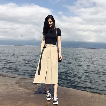 

2018 Summer England Fashion Two Pcs Sets Women's Short-sleeved T-shirt + A Line Skirt Suits Slim Tank & Midi Skirts Sets