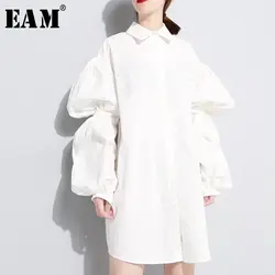 [EAM] 2019 весна лето мода дикие новые женские белые свободные Повседневный с рукавом-фонариком плиссированные Turn-Down Воротник длинная рубашка