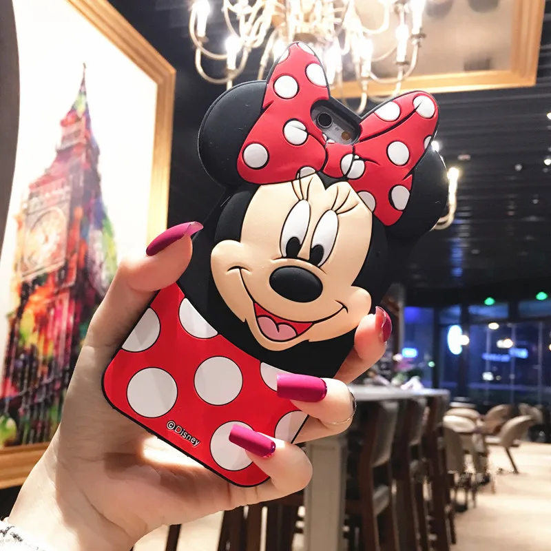 

QIKEFANG Cute Cartoon Black Minnie Mouse Mickey Mouse phone Silicone 3D Case for iPhone 6 6s 7 8 Plus X