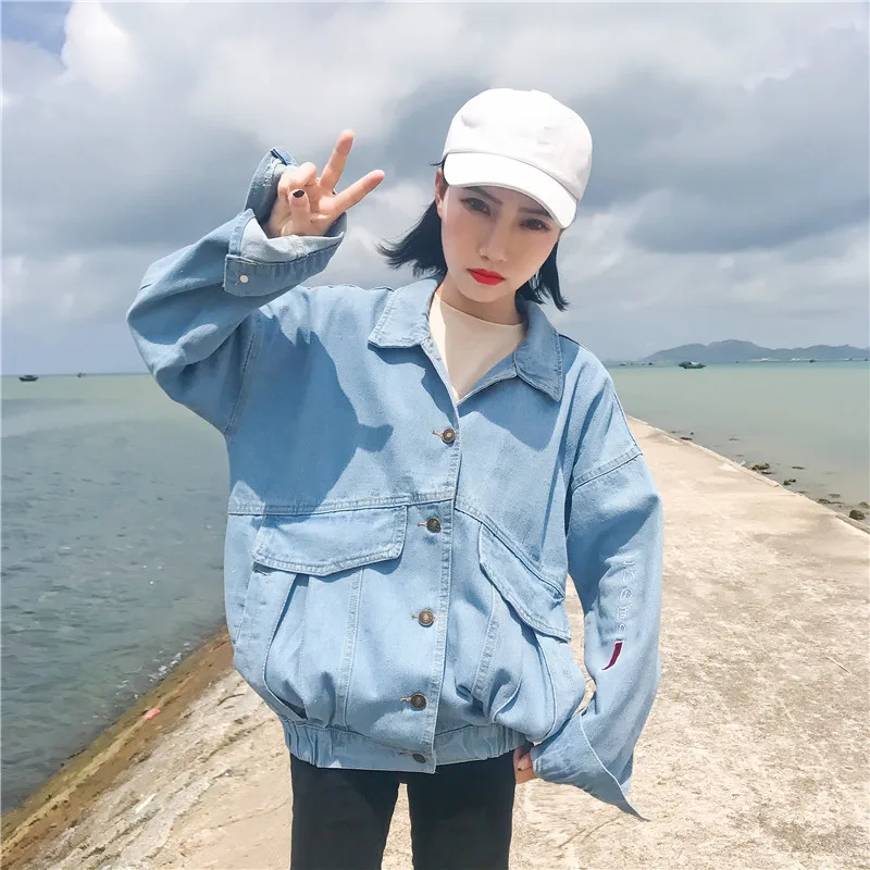 

Women Oversized Embroidery Denim Jacket Autumn Vintage Single-breasted Coat Casual Solid Loose Pockets Jeans Jacket Women Tops